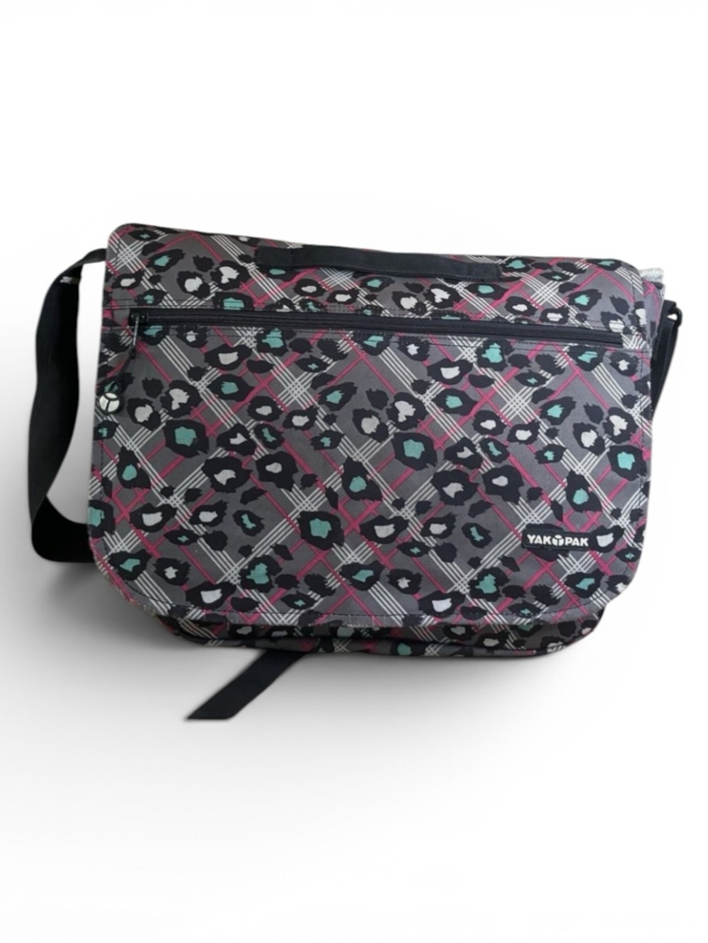Z-Yak Pak Gray Leopard Print Messenger Bag with Pink and Teal Accents
